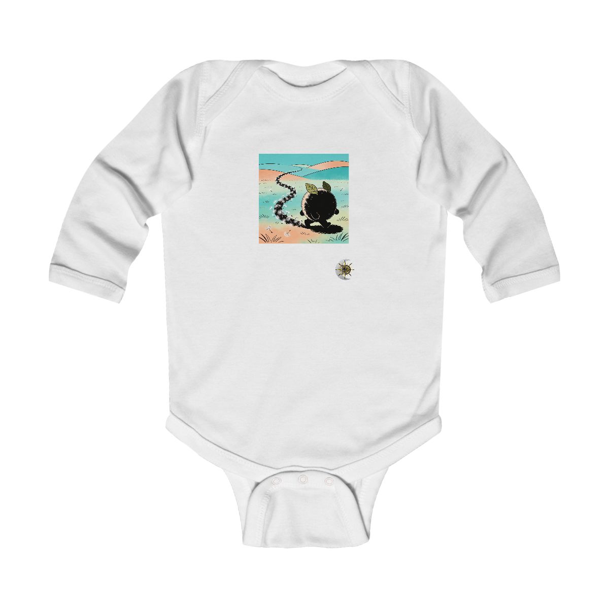HD Puffball creature with leaf ears following a looping trail of seed fluff Infant Long Sleeve Bodysuit