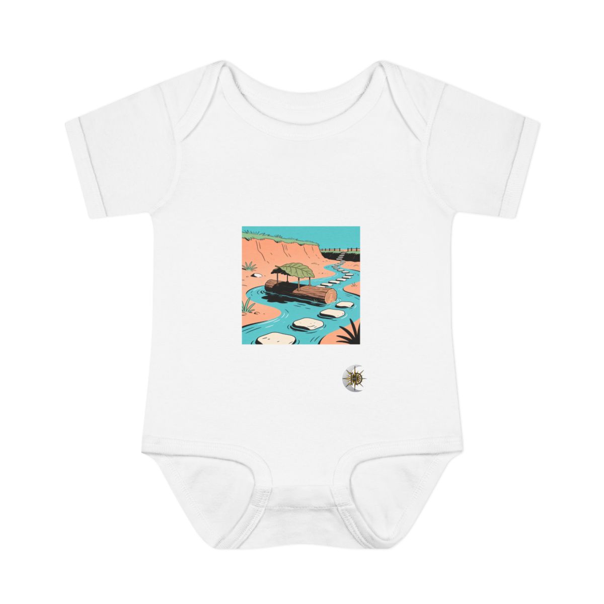 HD Log with a leaf roof connected to a distant bank by stepping stones Infant Baby Rib Bodysuit