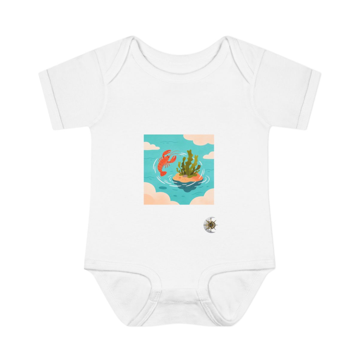 HD Small lobster circling a floating kelp island Infant Baby Rib Bodysuit