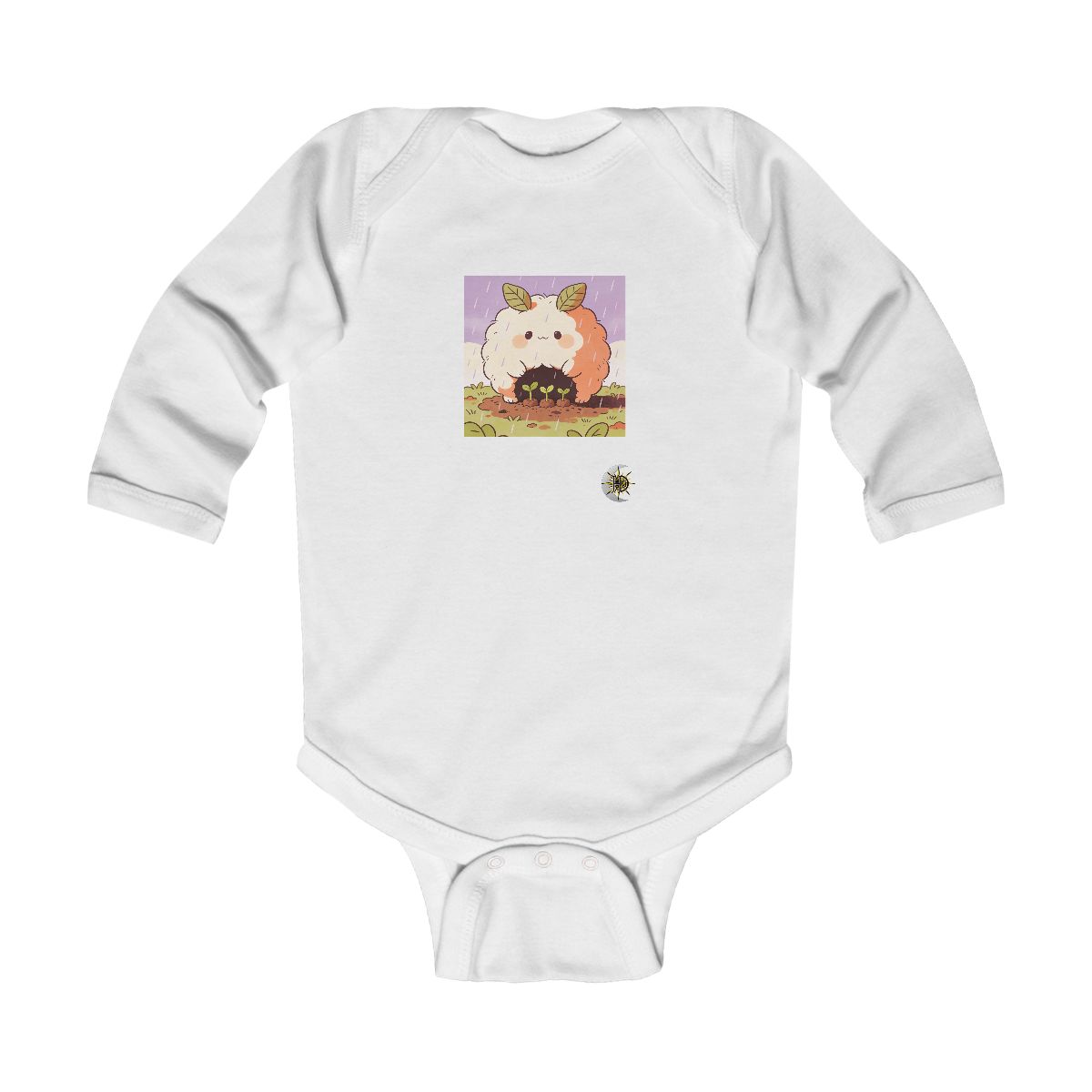 HD Puffball creature with leaf ears sheltering three little sprouts Infant Long Sleeve Bodysuit