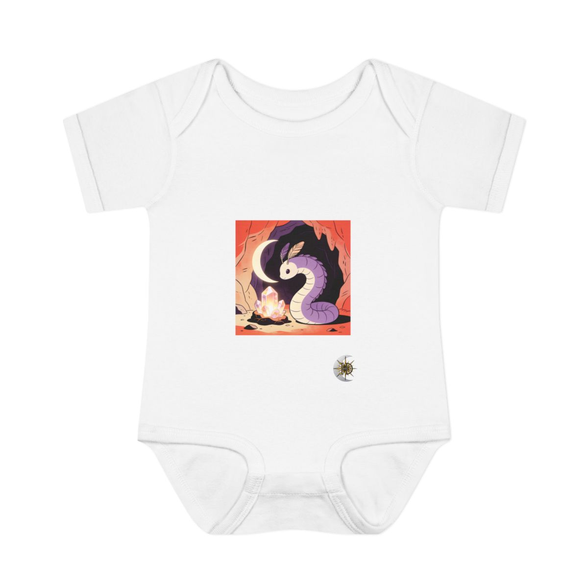 HD Crescent creature with feather antennae curled beside a glowing mineral Infant Baby Rib Bodysuit