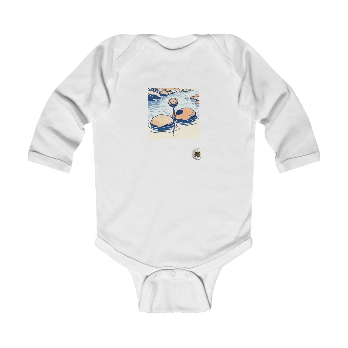 HD Lotus seed head emerging between two broad river stones Infant Long Sleeve Bodysuit