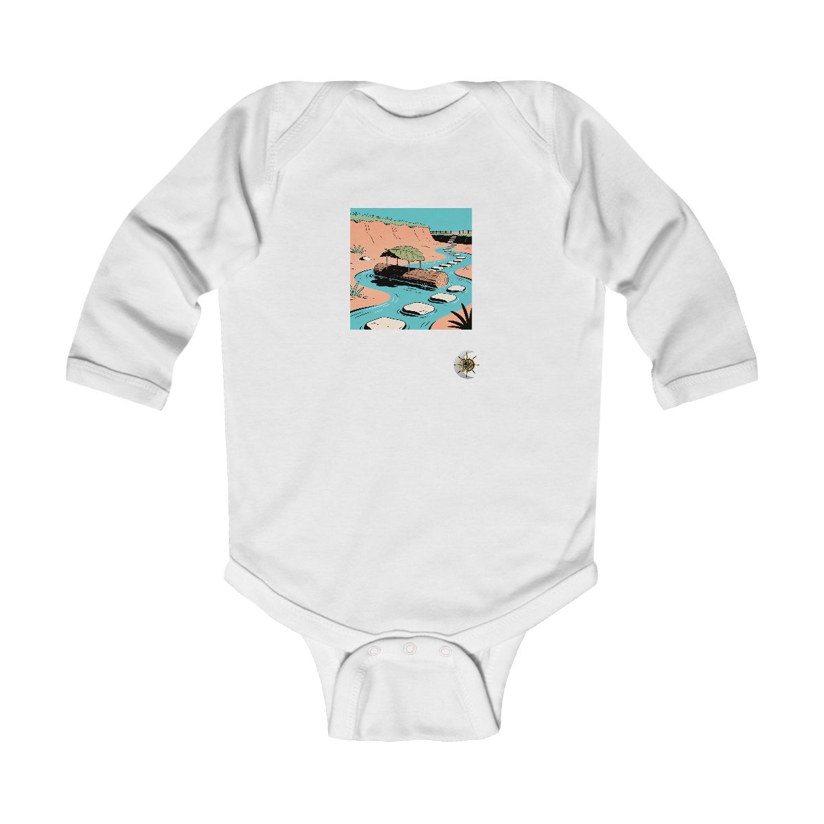 HD Log with a leaf roof connected to a distant bank by stepping stones Infant Long Sleeve Bodysuit