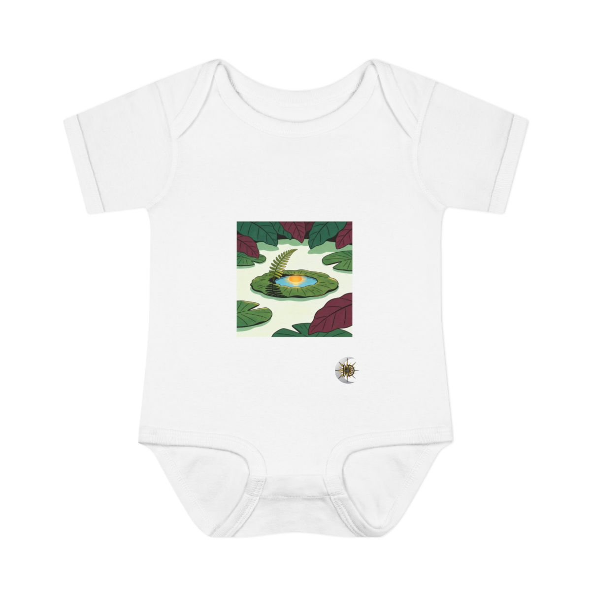 HD Fern on a lily-pad island cradling a pool of reflected sunrise Infant Baby Rib Bodysuit