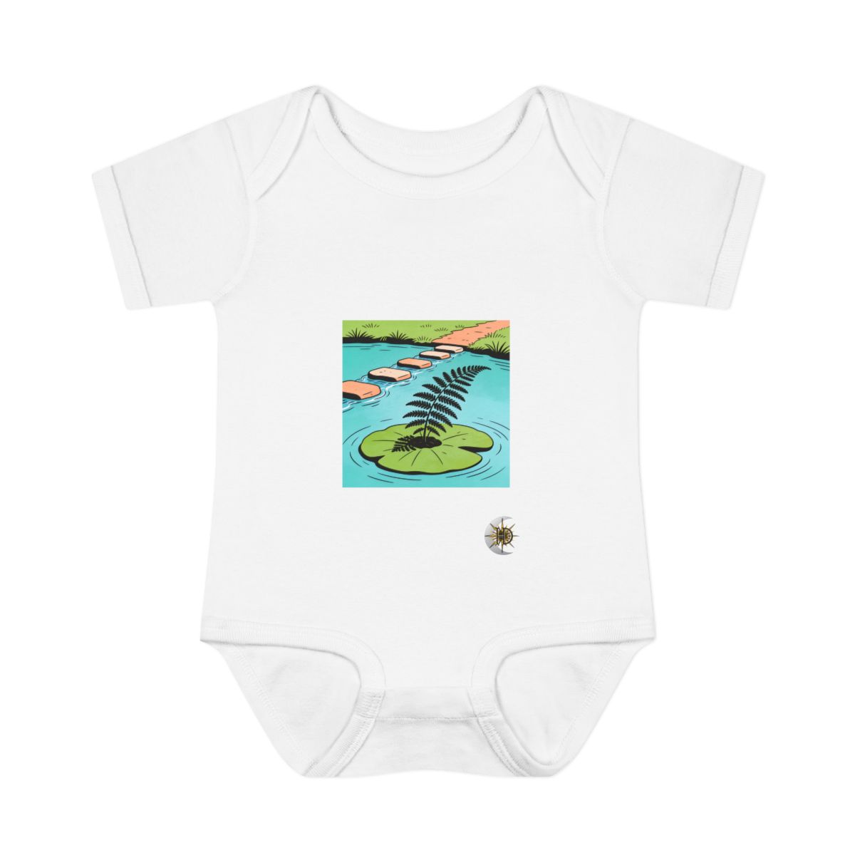 HD Fern on a lily-pad island connected to a distant bank by stepping stones Infant Baby Rib Bodysuit