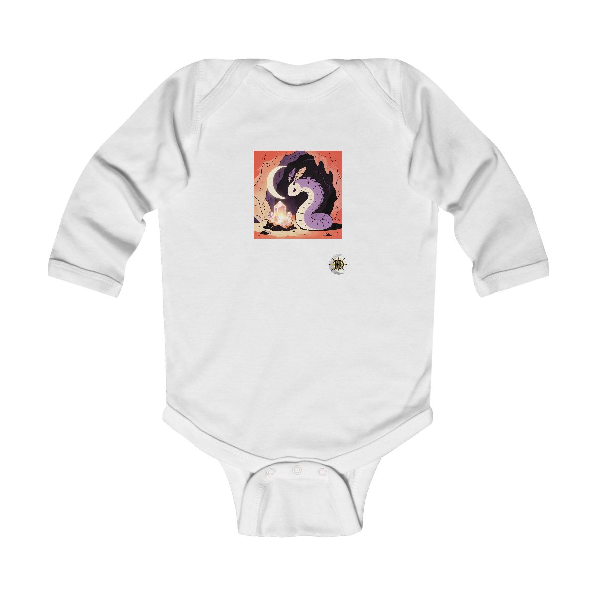 HD Crescent creature with feather antennae curled beside a glowing mineral Infant Long Sleeve Bodysuit
