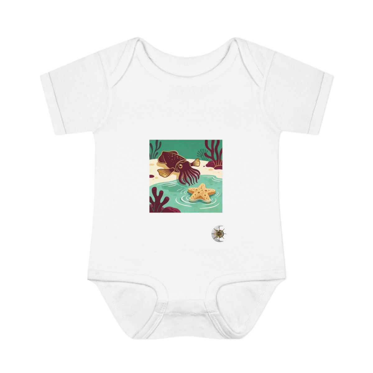 HD Cuttlefish resting near a star-shaped sea sponge Infant Baby Rib Bodysuit