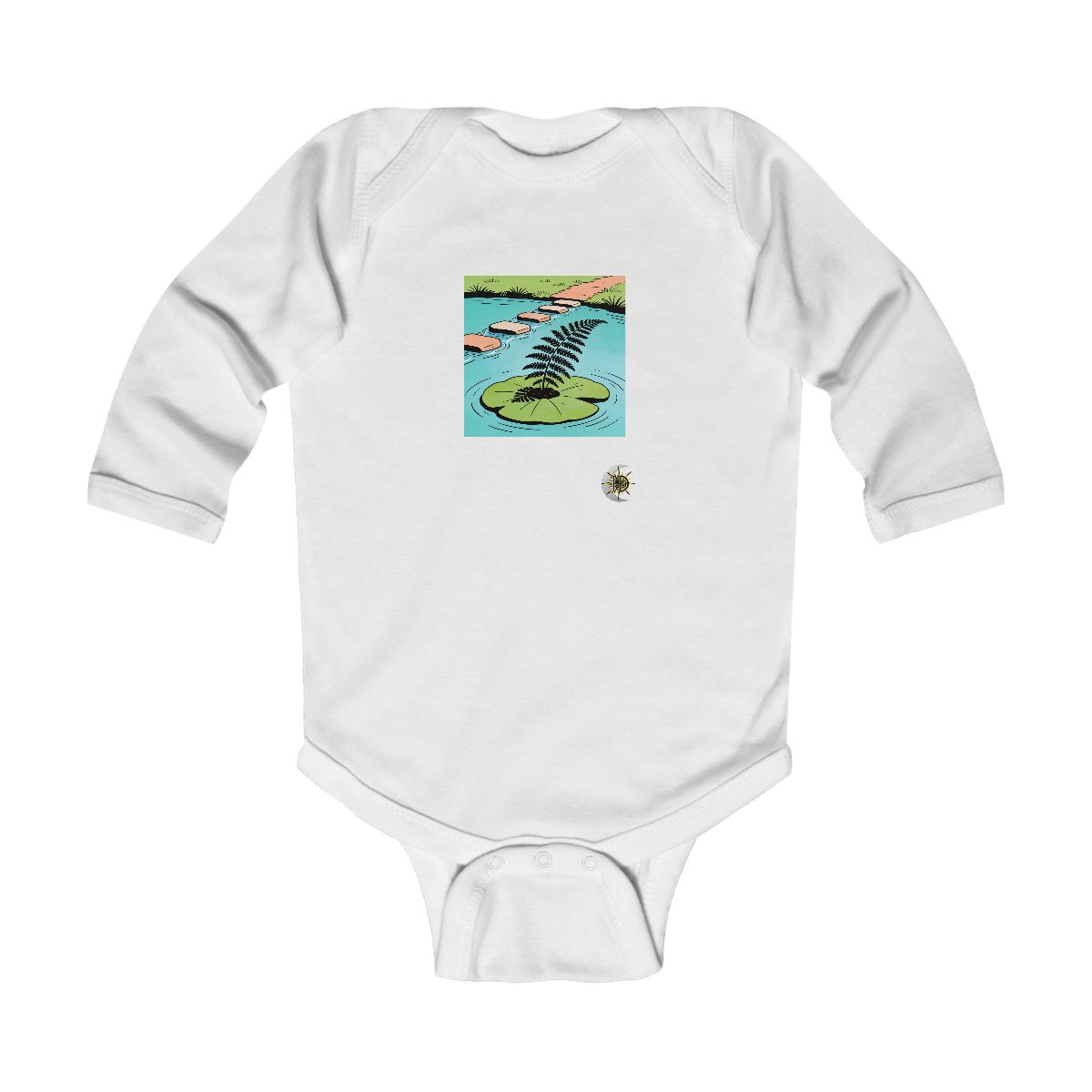 HD Fern on a lily-pad island connected to a distant bank by stepping stones Infant Long Sleeve Bodysuit