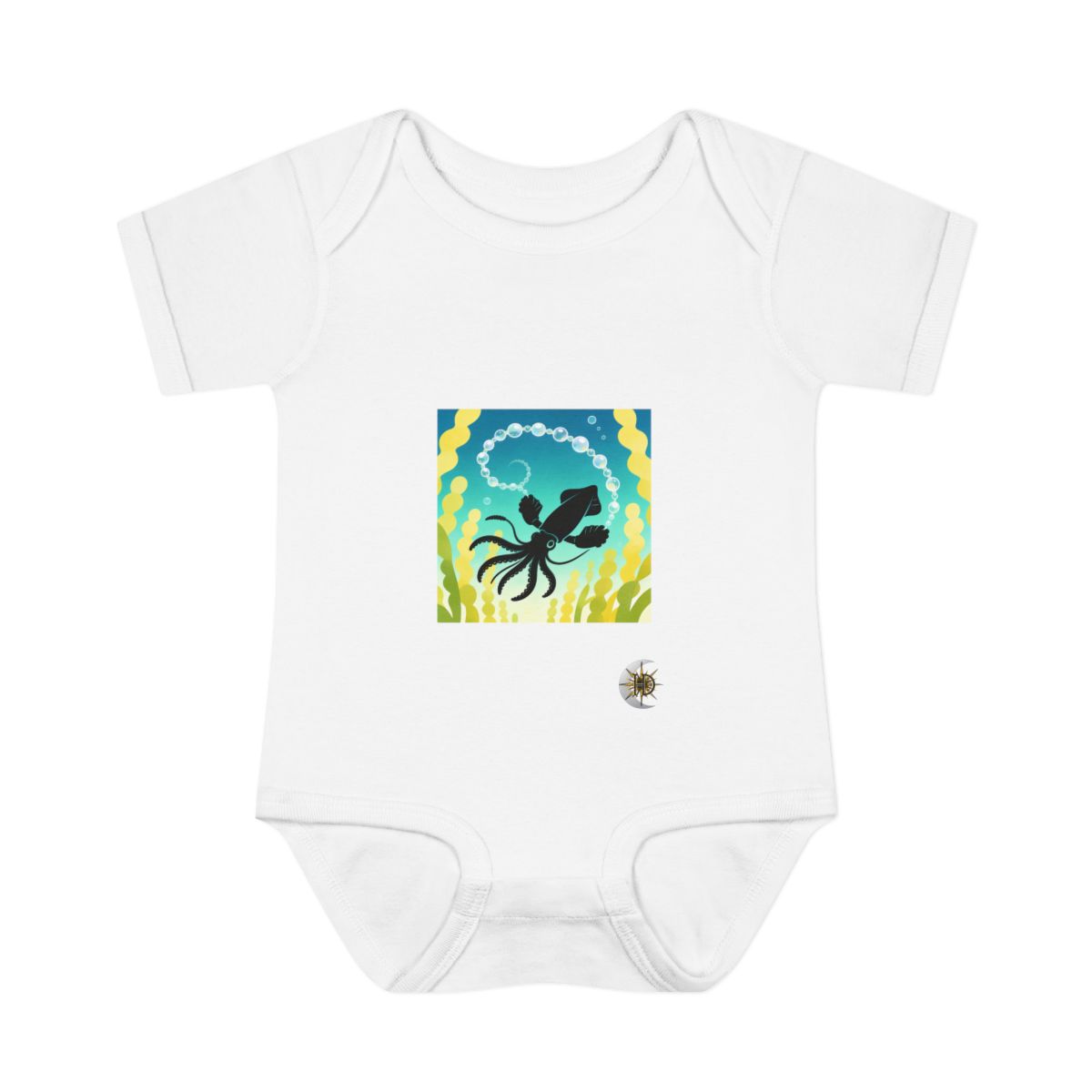 HD Reef squid chasing a looping chain of bubbles Infant Baby Rib Bodysuit