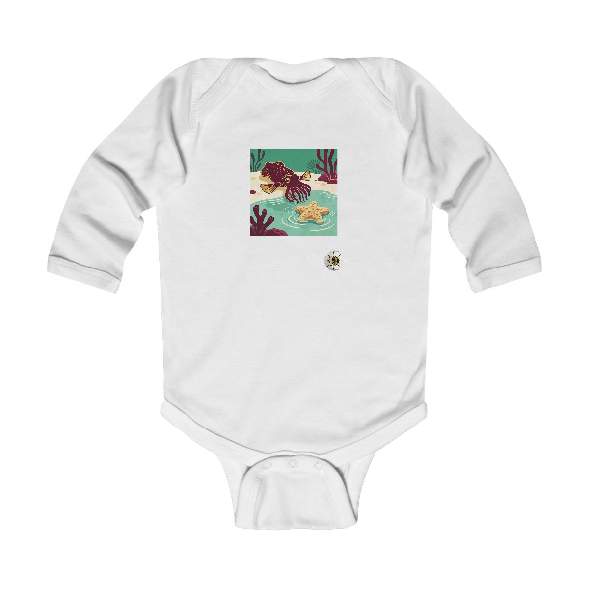 HD Cuttlefish resting near a star-shaped sea sponge Infant Long Sleeve Bodysuit