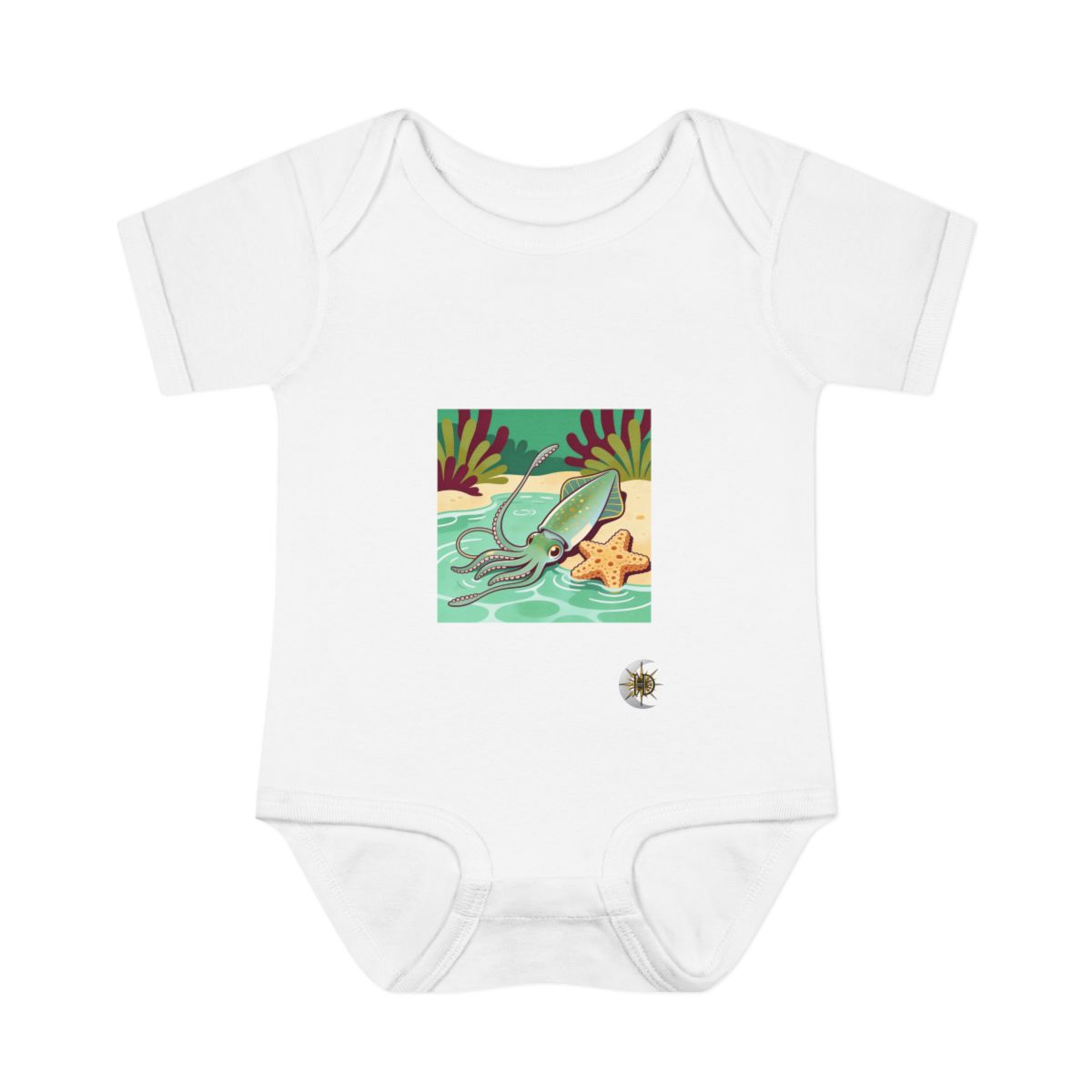 HD Reef squid resting near a star-shaped sea sponge Infant Baby Rib Bodysuit