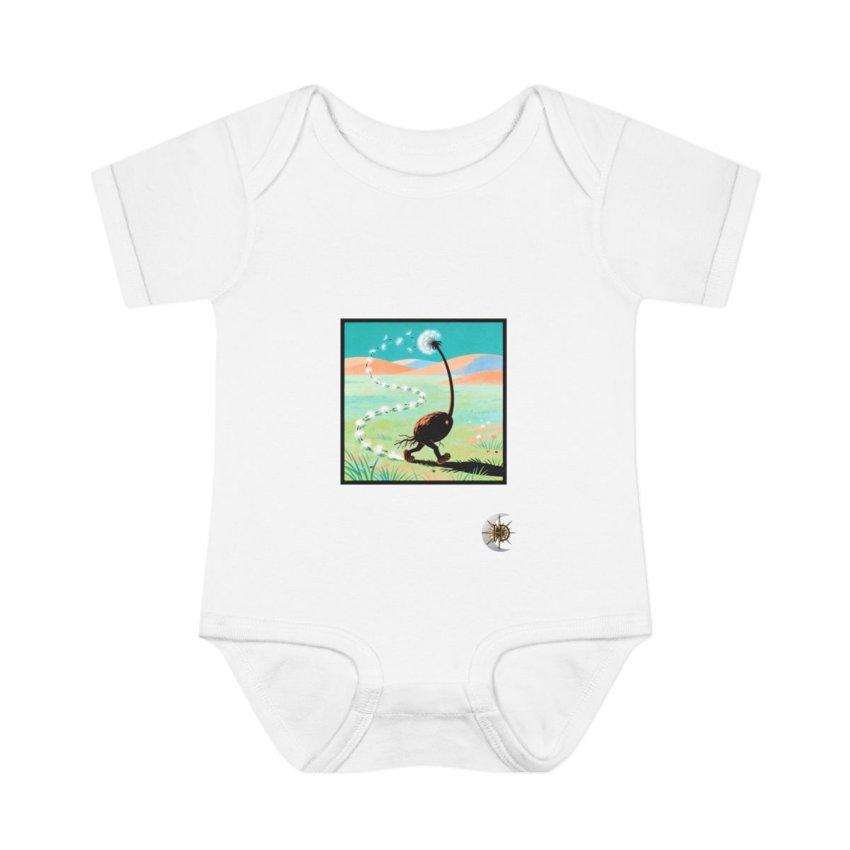HD Seed creature with root toes following a looping trail of seed fluff Infant Baby Rib Bodysuit