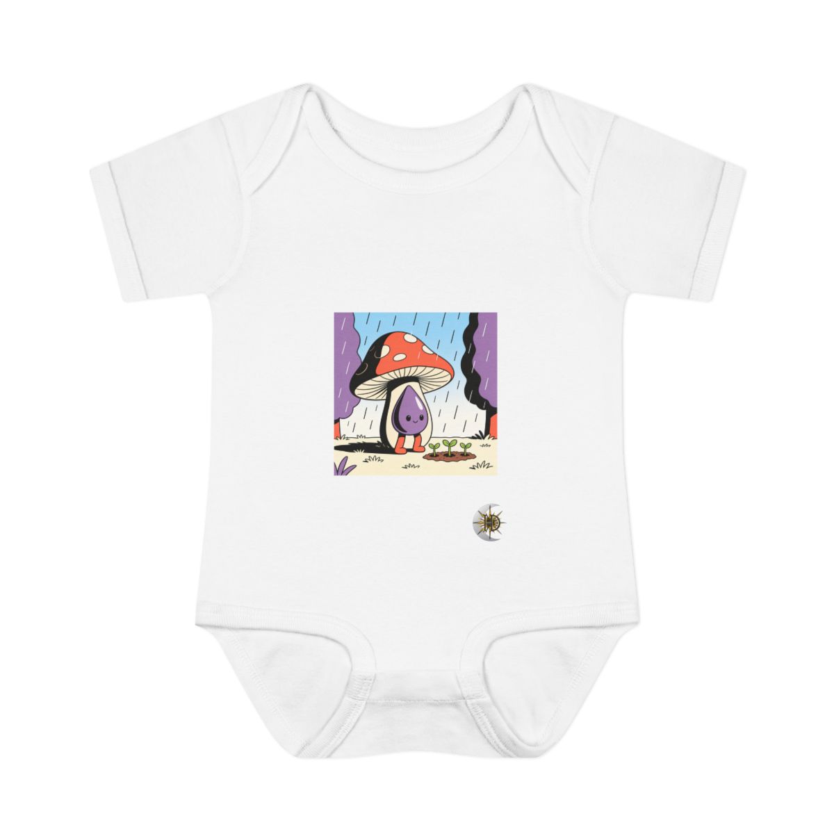 HD Droplet creature with mushroom legs sheltering three little sprouts Infant Baby Rib Bodysuit