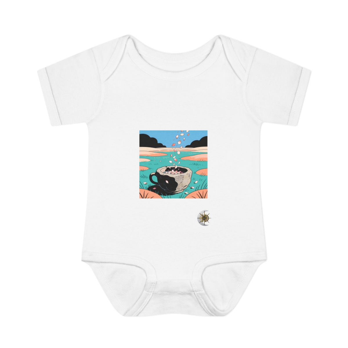 HD Cup-shaped rock basin receiving a shower of falling petals Infant Baby Rib Bodysuit