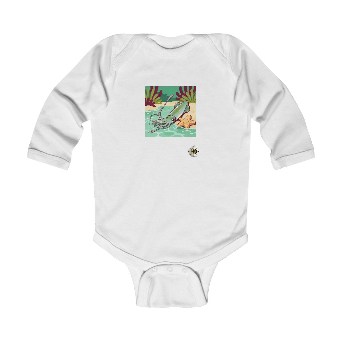 HD Reef squid resting near a star-shaped sea sponge Infant Long Sleeve Bodysuit
