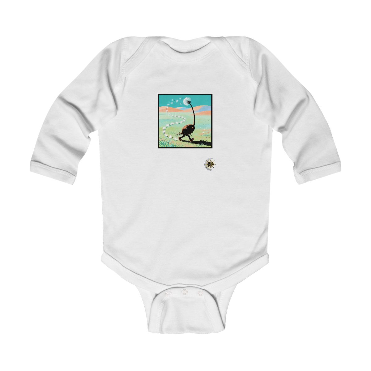 HD Seed creature with root toes following a looping trail of seed fluff Infant Long Sleeve Bodysuit