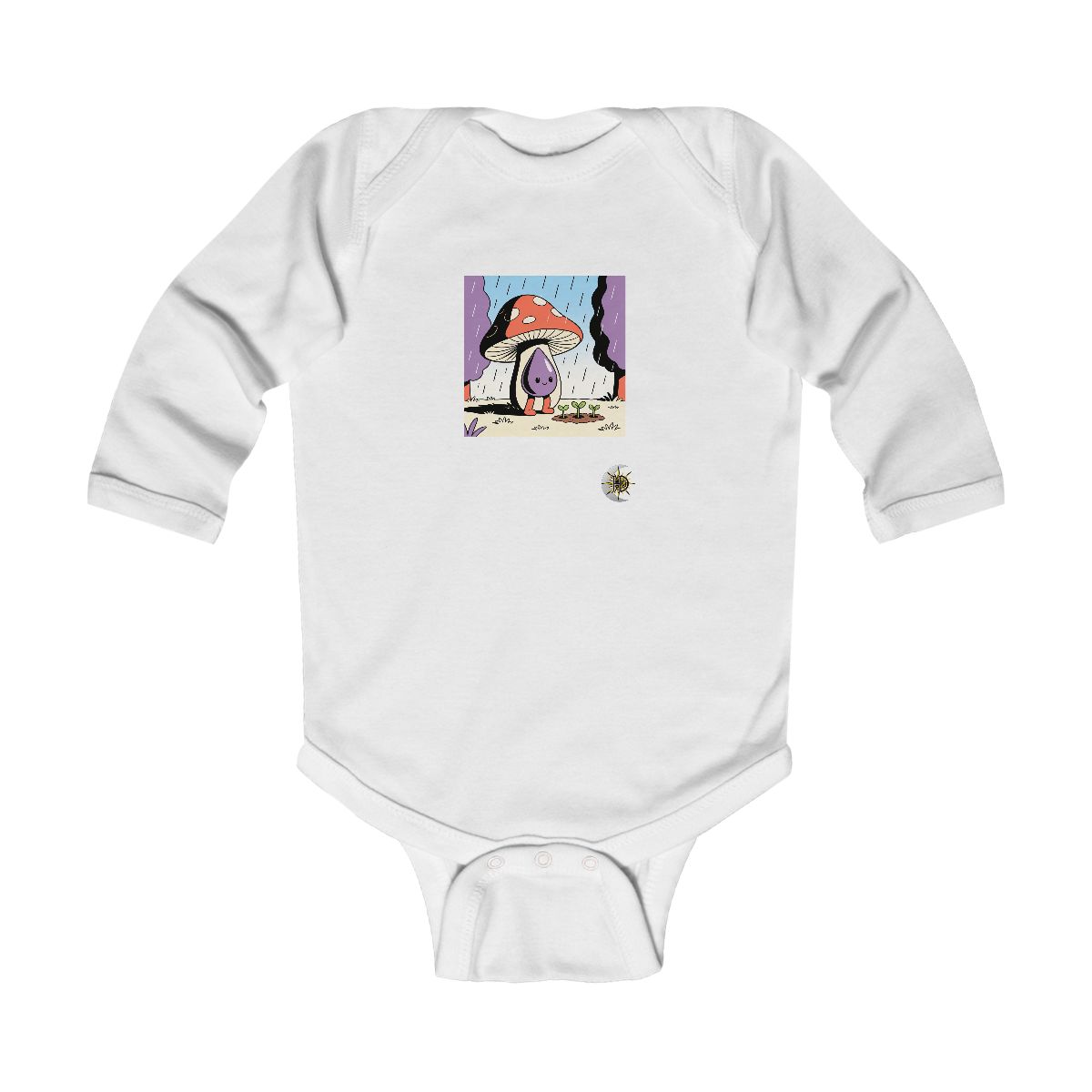 HD Droplet creature with mushroom legs sheltering three little sprouts Infant Long Sleeve Bodysuit