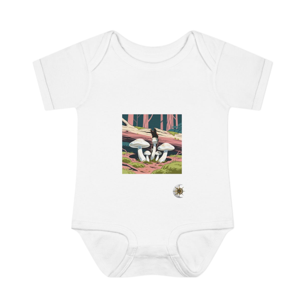 HD Porcelain mushrooms growing through a split fallen branch Infant Baby Rib Bodysuit