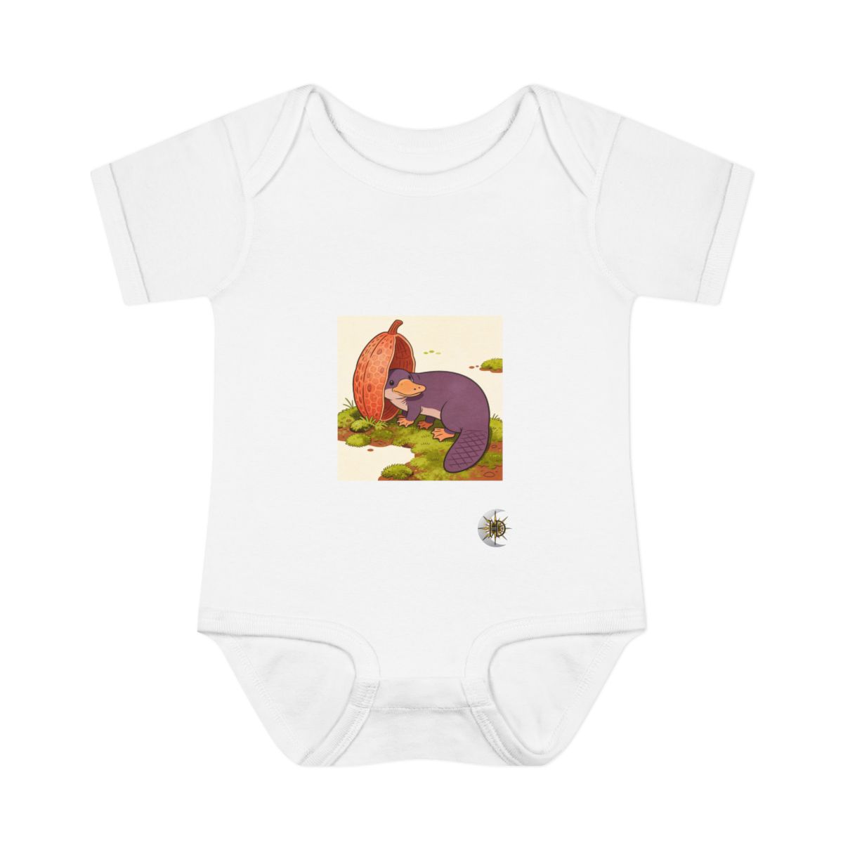HD Platypus peeking around a giant seedpod Infant Baby Rib Bodysuit