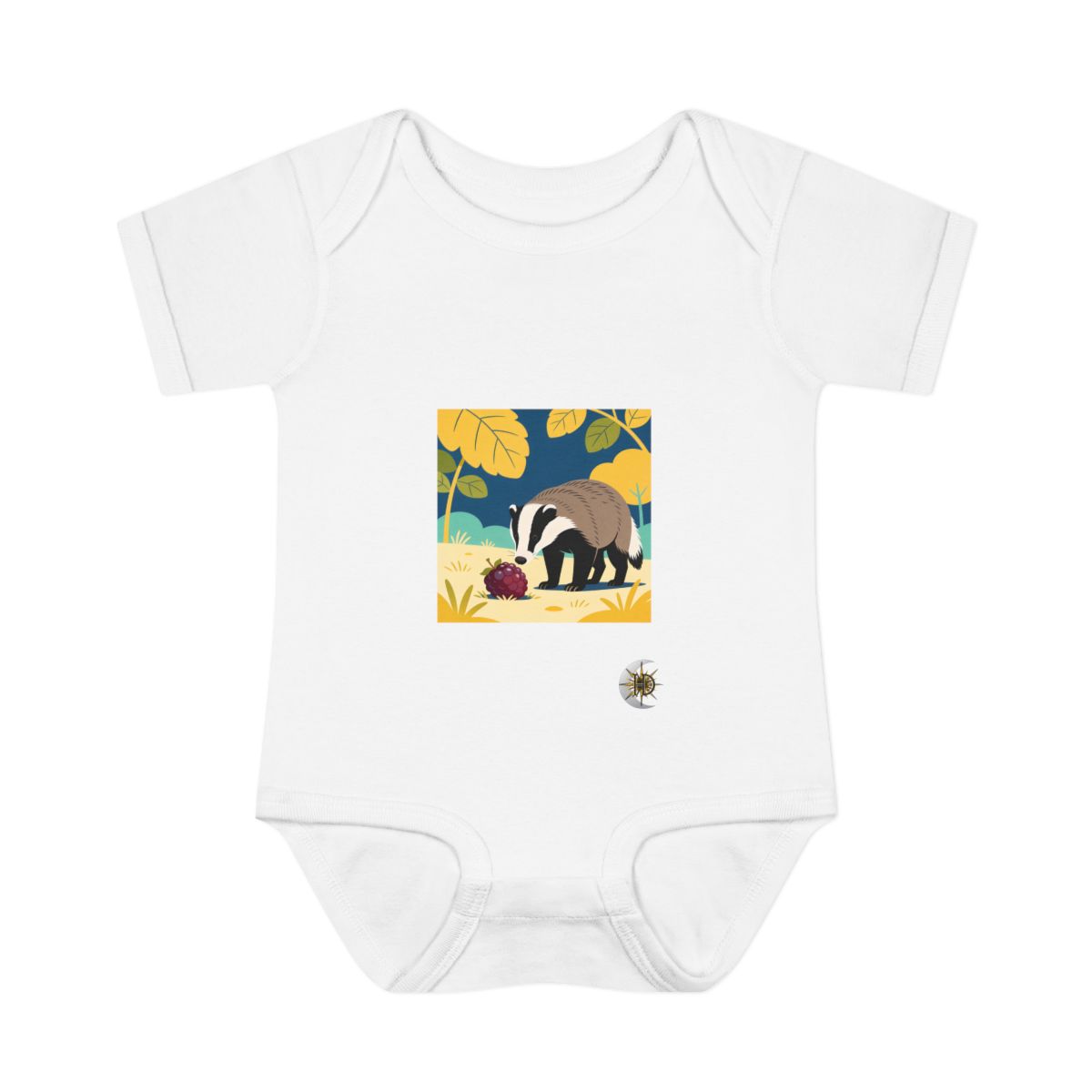 HD Badger investigating an oversized berry Infant Baby Rib Bodysuit