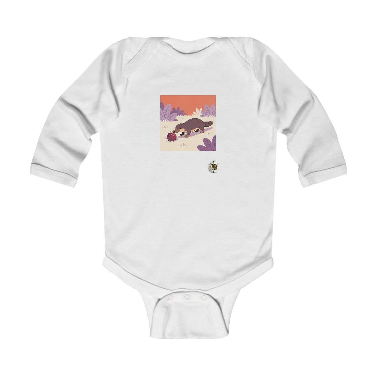 HD Platypus investigating an oversized berry Infant Long Sleeve Bodysuit