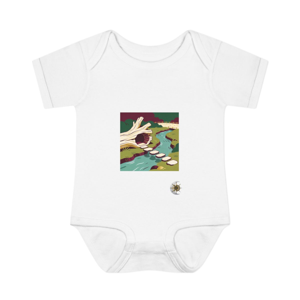HD Driftwood nook connected to a distant bank by stepping stones Infant Baby Rib Bodysuit