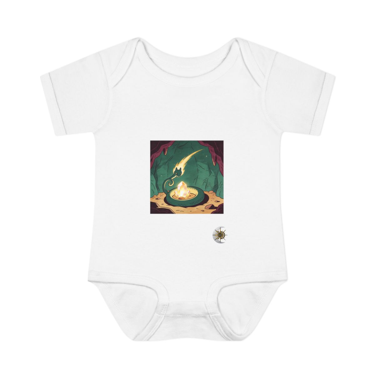 HD Comet creature with a curling tail curled beside a glowing mineral Infant Baby Rib Bodysuit