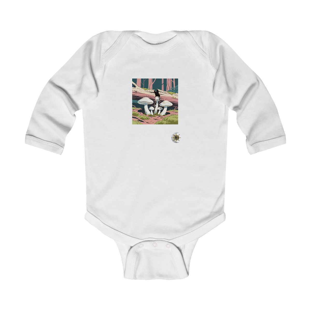 HD Porcelain mushrooms growing through a split fallen branch Infant Long Sleeve Bodysuit