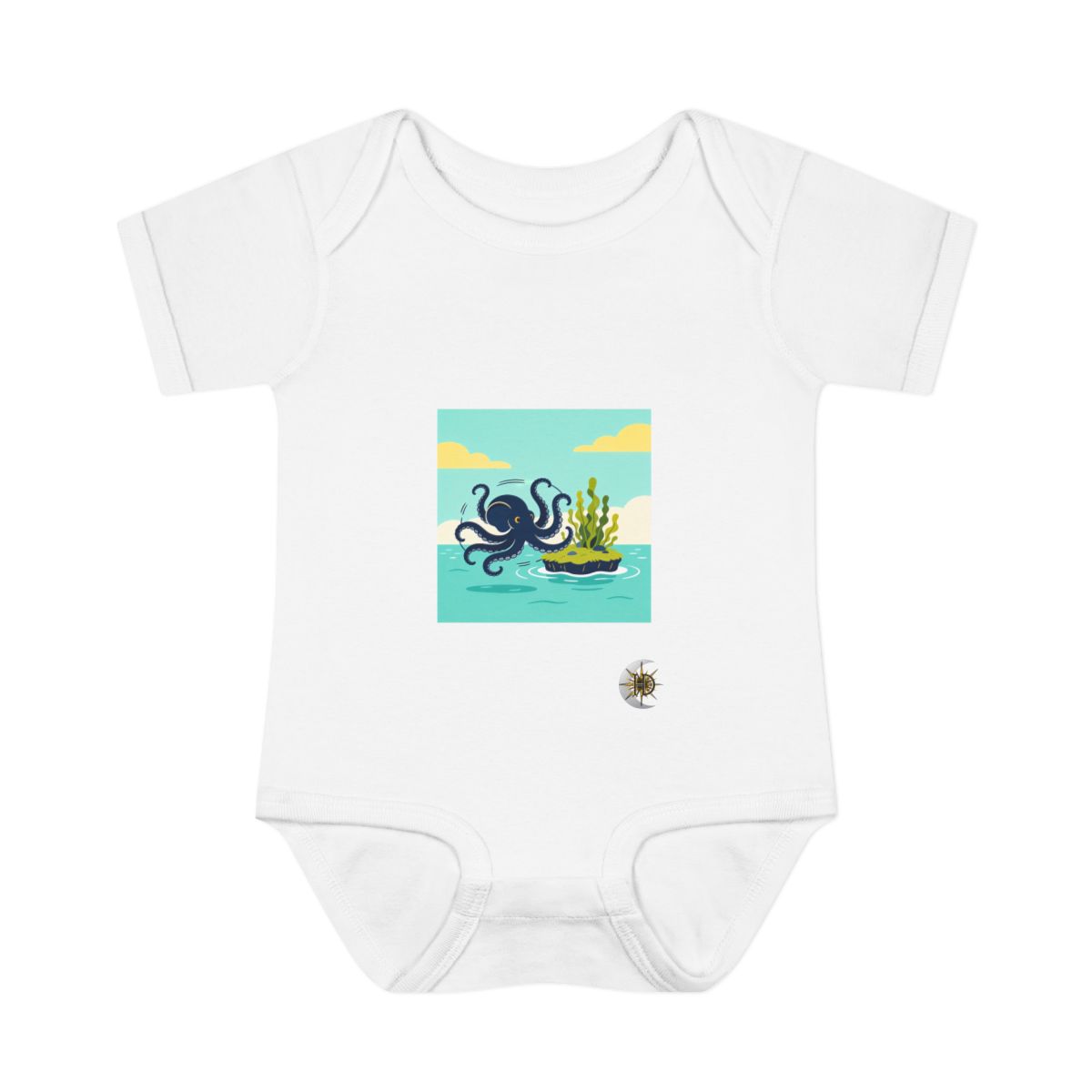HD Dumbo octopus circling a floating kelp island Infant Baby Rib Bodysuit