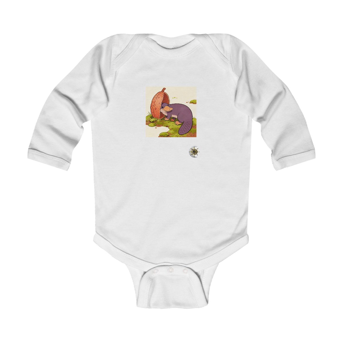 HD Platypus peeking around a giant seedpod Infant Long Sleeve Bodysuit