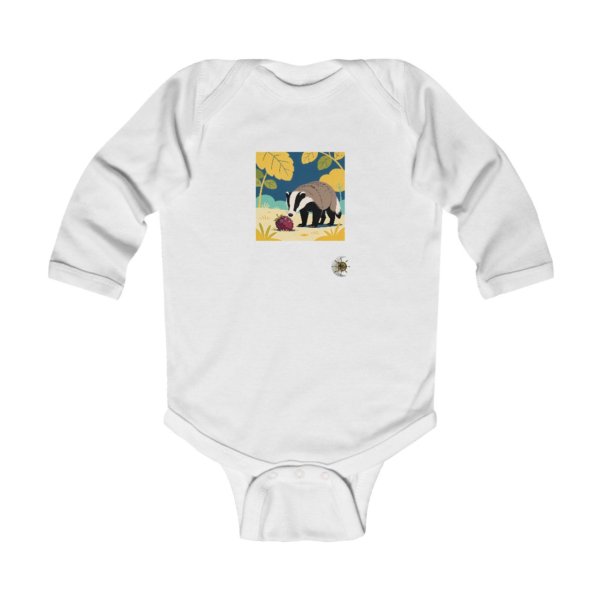 HD Badger investigating an oversized berry Infant Long Sleeve Bodysuit