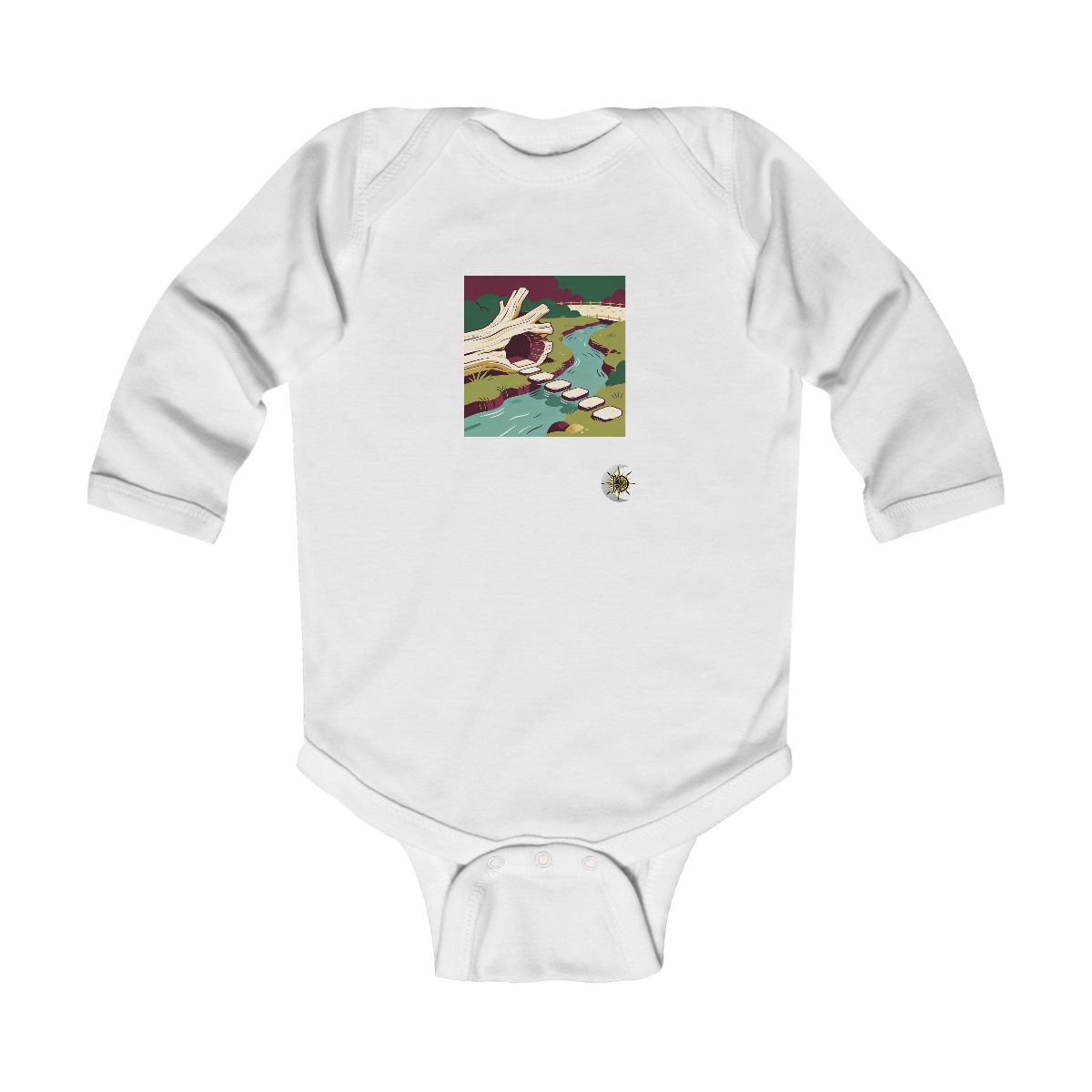 HD Driftwood nook connected to a distant bank by stepping stones Infant Long Sleeve Bodysuit