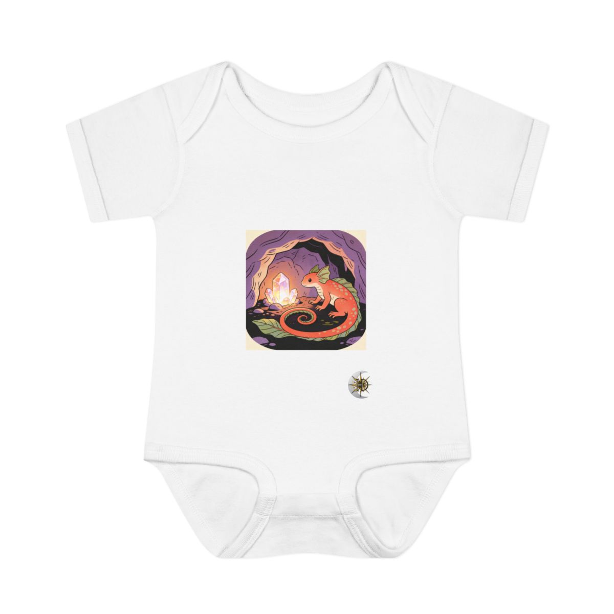 HD Pond creature with a leafy tail curled beside a glowing mineral Infant Baby Rib Bodysuit
