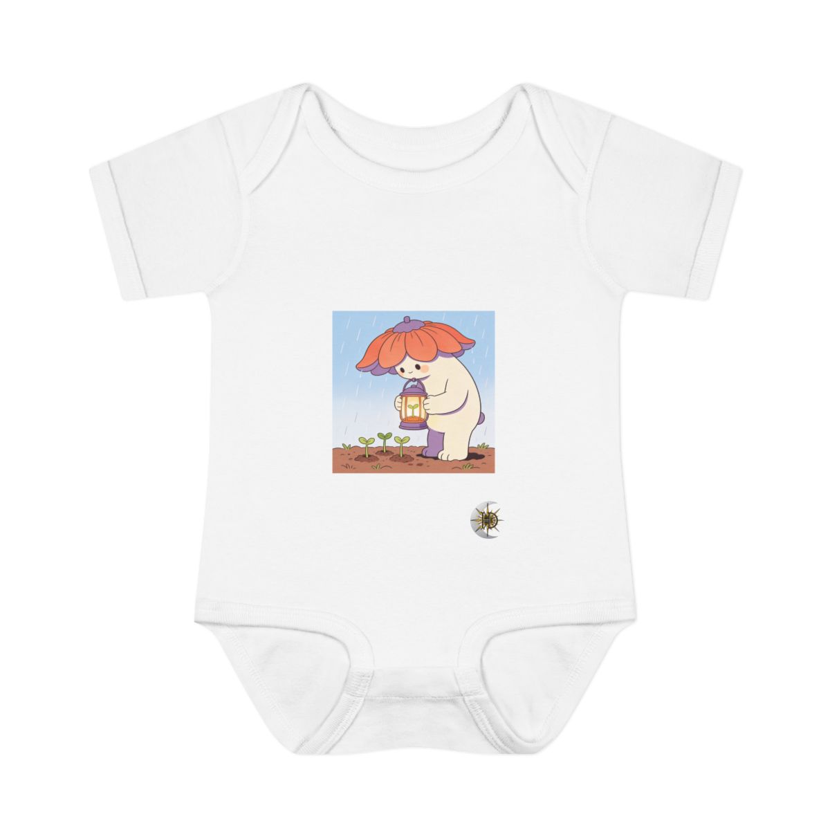 HD Lantern creature with petal gills sheltering three little sprouts Infant Baby Rib Bodysuit