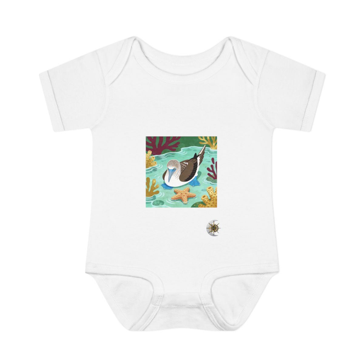 HD Blue-footed booby resting near a star-shaped sea sponge Infant Baby Rib Bodysuit