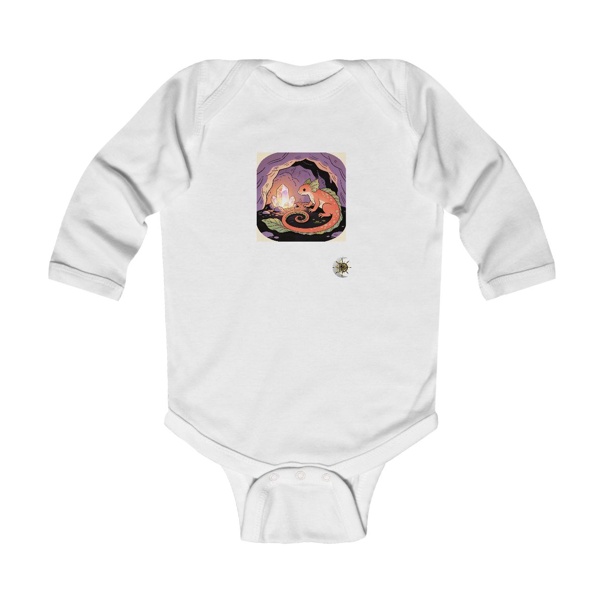 HD Pond creature with a leafy tail curled beside a glowing mineral Infant Long Sleeve Bodysuit