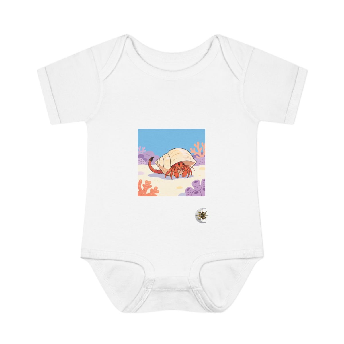 HD Hermit crab peeking from behind an oversized shell Infant Baby Rib Bodysuit