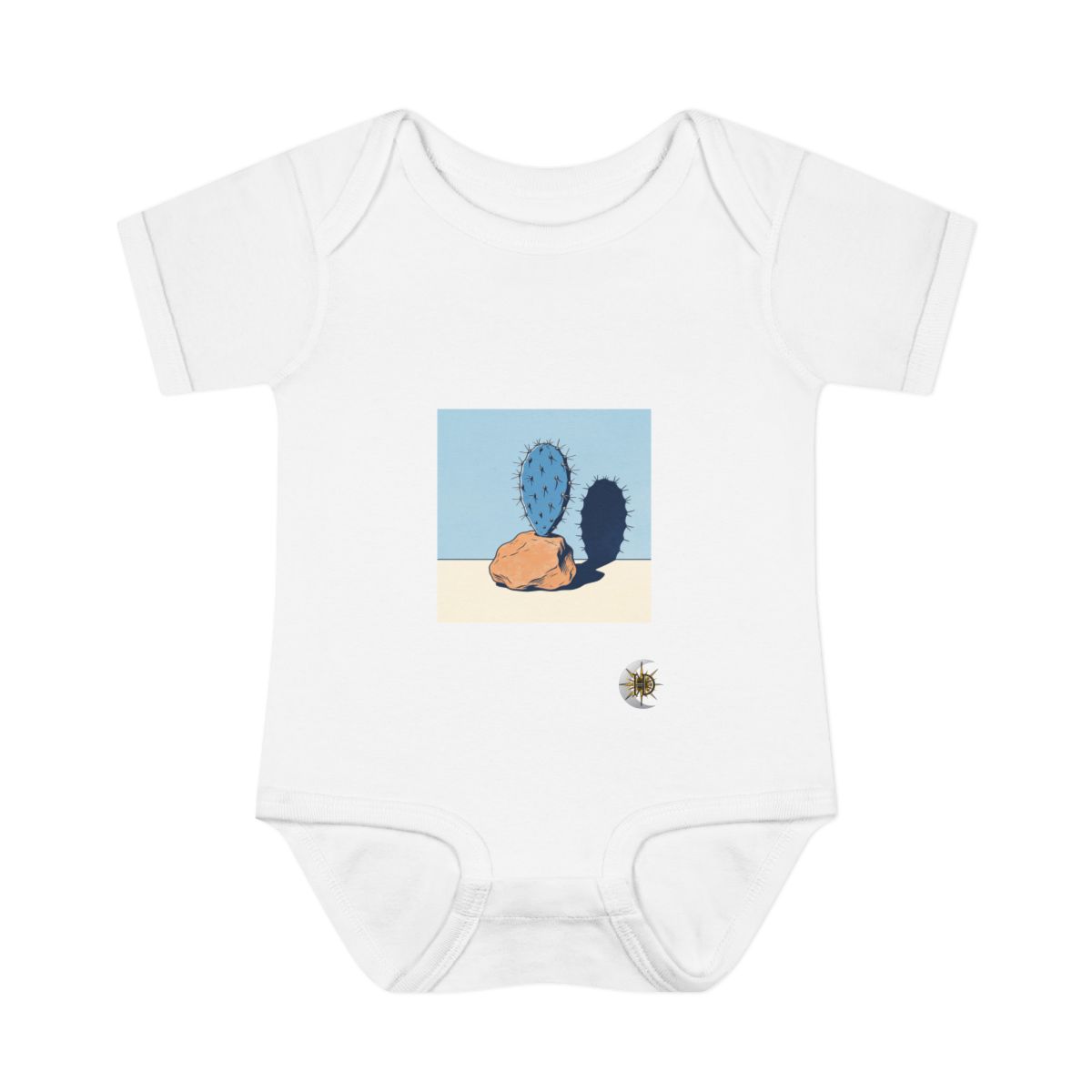 HD Prickly pear balanced beside an irregular clay-colored rock Infant Baby Rib Bodysuit
