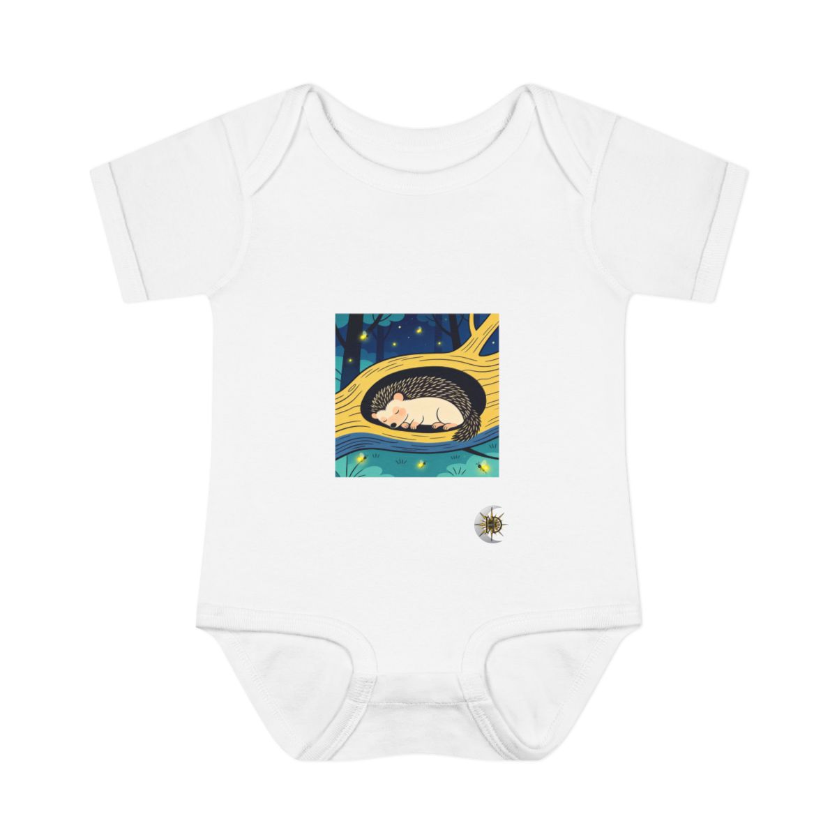 HD Hedgehog napping inside a curved hollow branch Infant Baby Rib Bodysuit