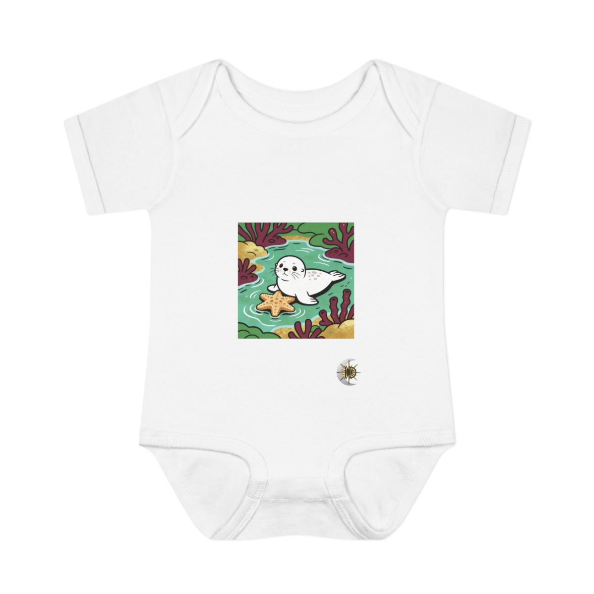 HD Baby seal resting near a star-shaped sea sponge Infant Baby Rib Bodysuit