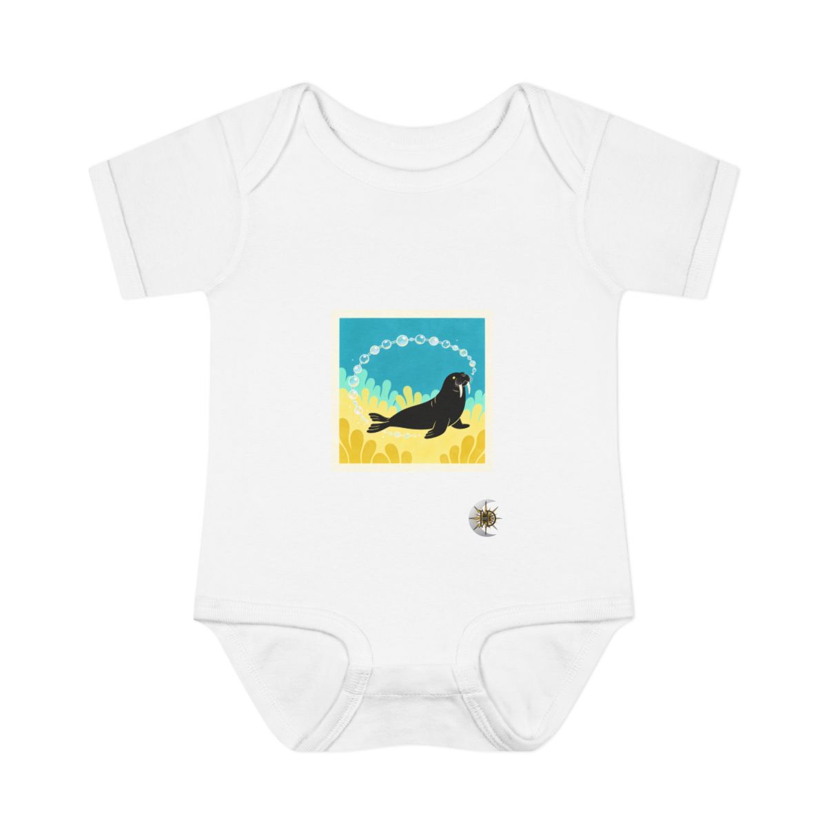 HD Walrus chasing a looping chain of bubbles Infant Baby Rib Bodysuit