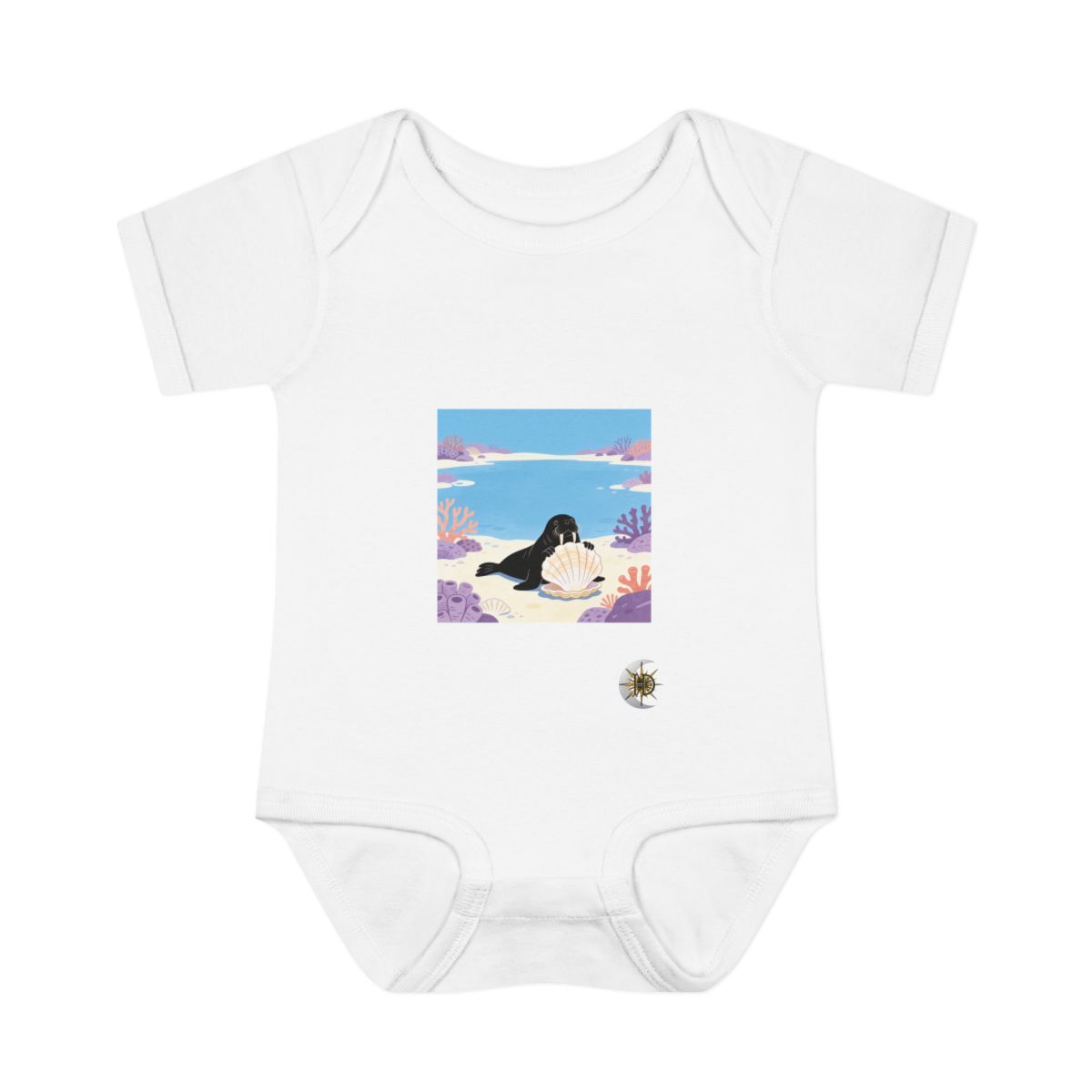 HD Walrus peeking from behind an oversized shell Infant Baby Rib Bodysuit