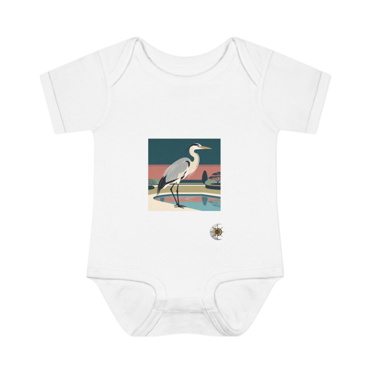 HD Heron pausing beside a reflective pool Infant Baby Rib Bodysuit