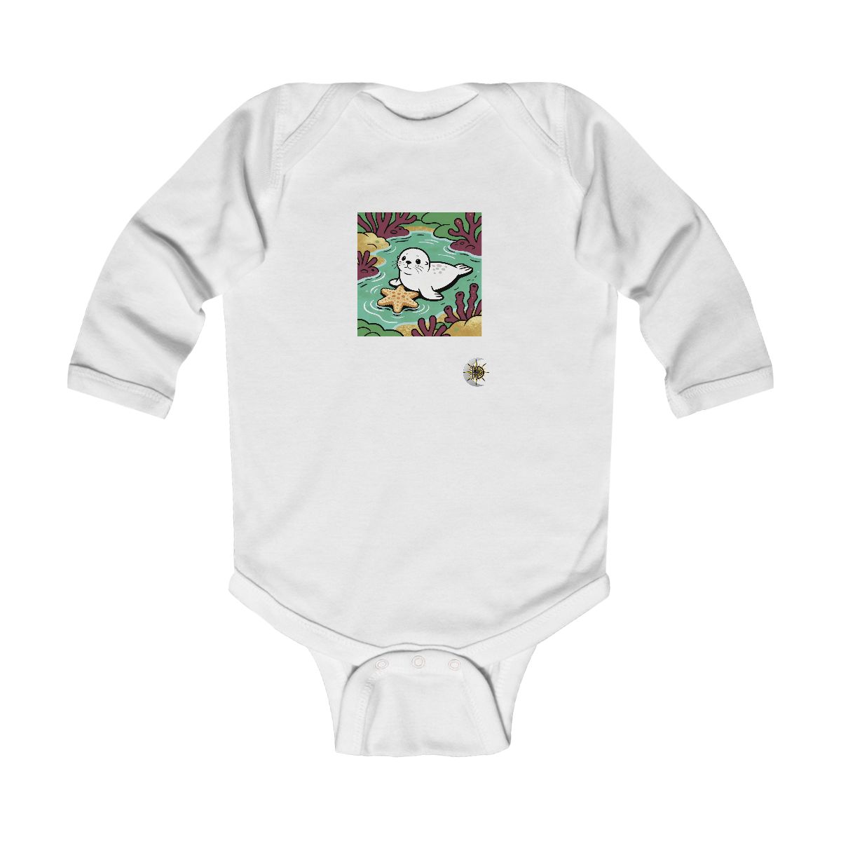 HD Baby seal resting near a star-shaped sea sponge Infant Long Sleeve Bodysuit
