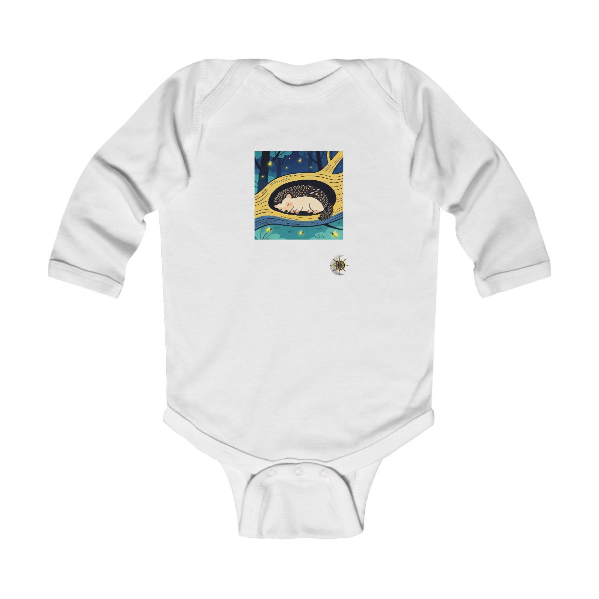 HD Hedgehog napping inside a curved hollow branch Infant Long Sleeve Bodysuit