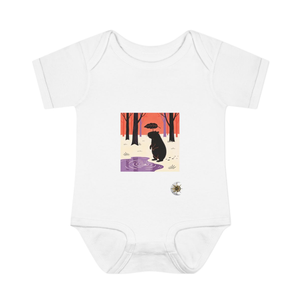 HD Capybara balancing a leaf as a tiny umbrella Infant Baby Rib Bodysuit