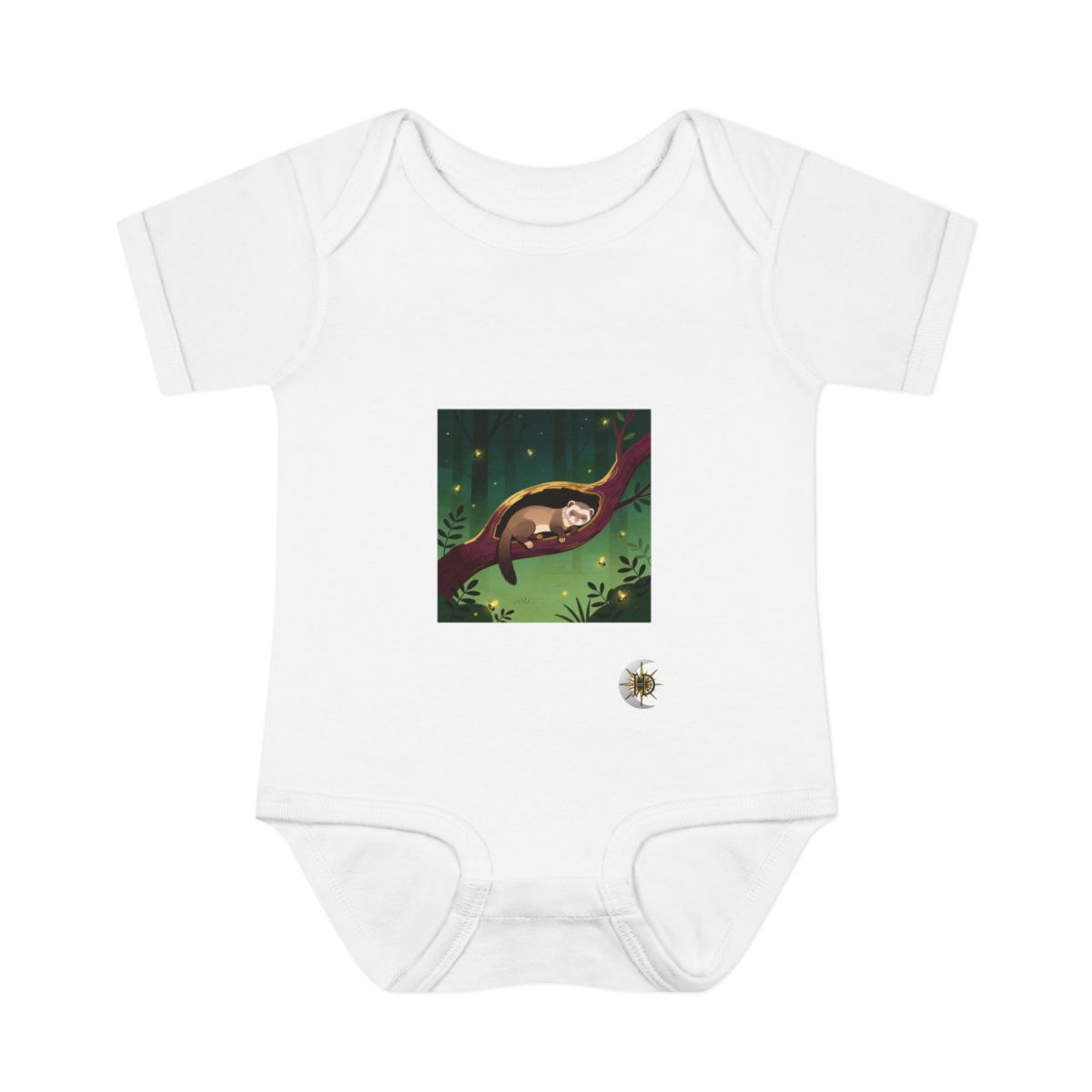 HD Ferret napping inside a curved hollow branch Infant Baby Rib Bodysuit
