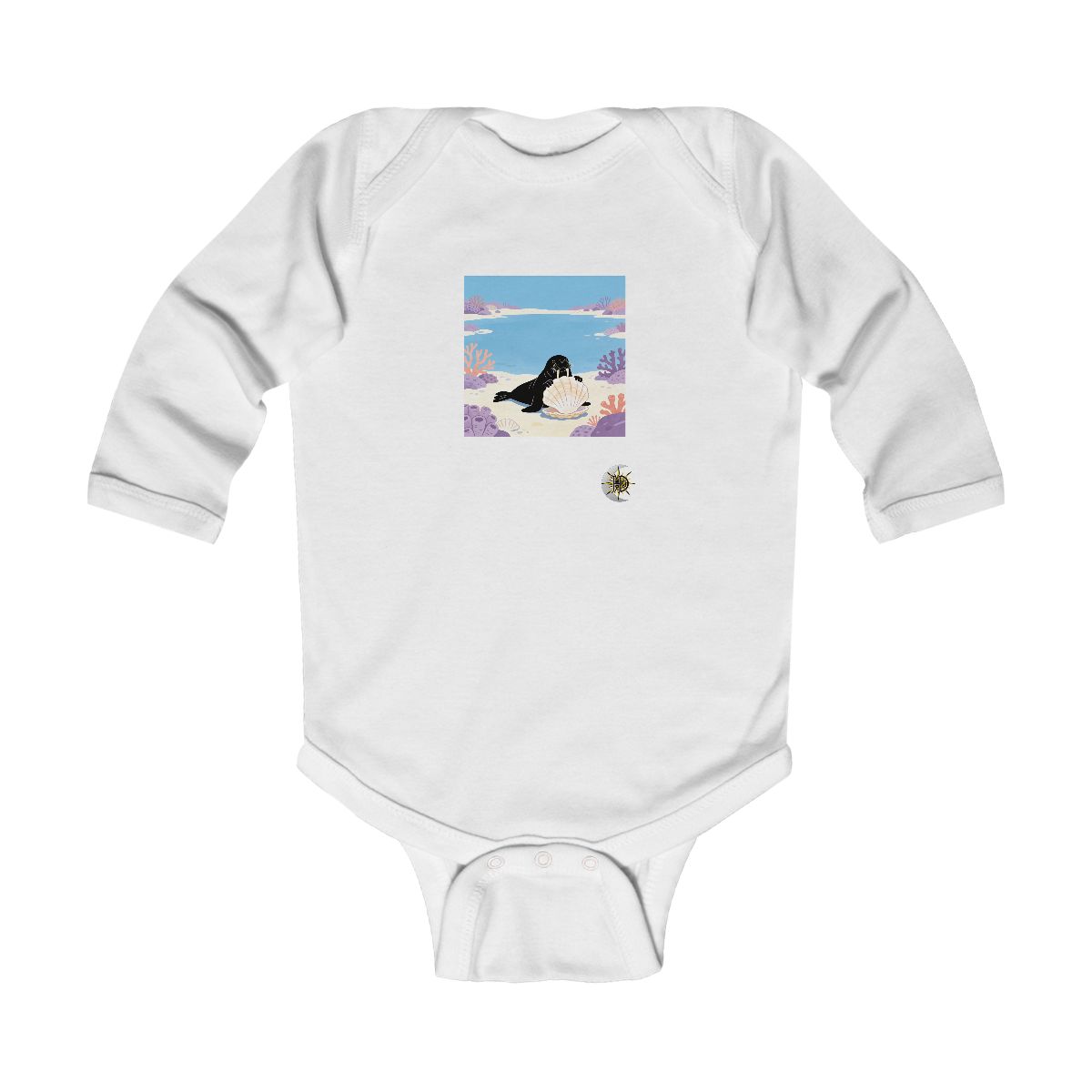 HD Walrus peeking from behind an oversized shell Infant Long Sleeve Bodysuit
