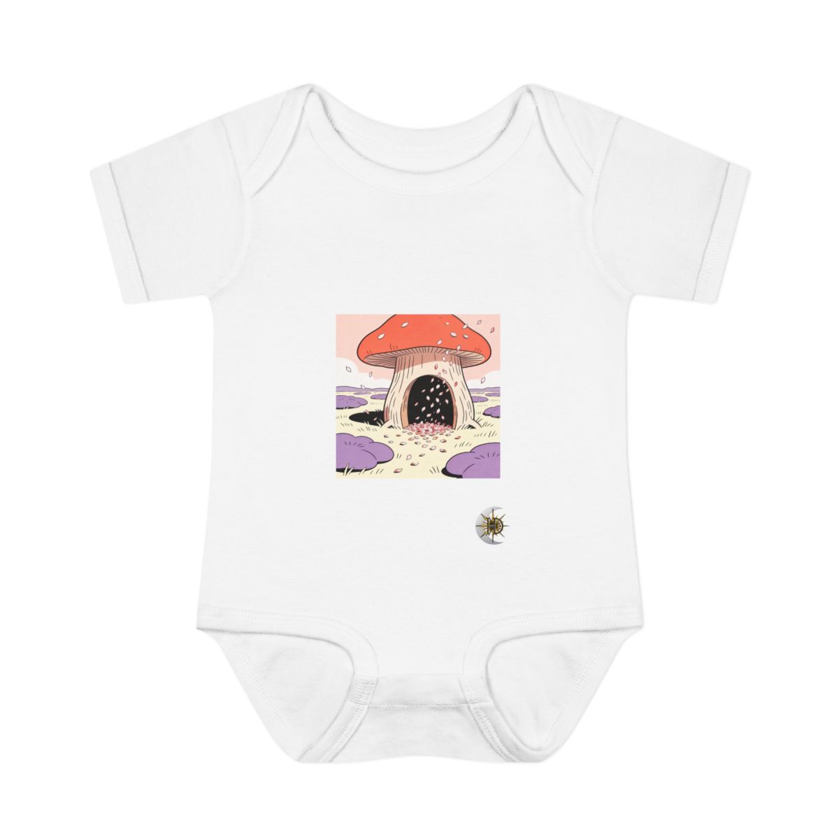HD Mushroom-shaped tree hollow receiving a shower of falling petals Infant Baby Rib Bodysuit