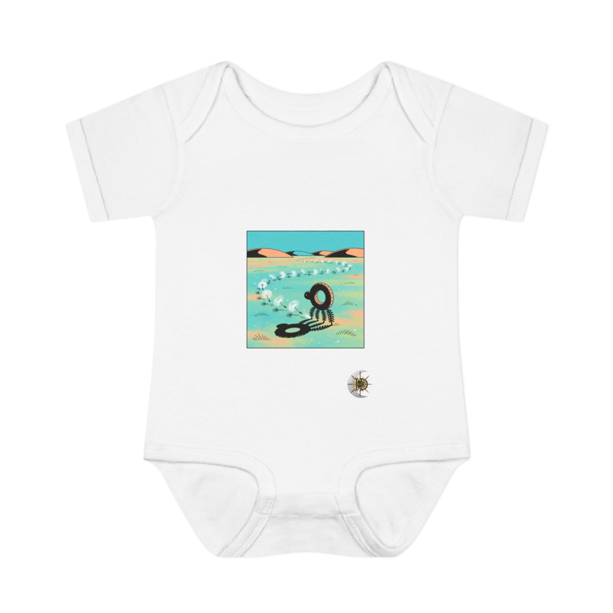 HD Ring creature with frond legs following a looping trail of seed fluff Infant Baby Rib Bodysuit
